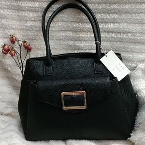 NEW A New Day Pebbled Vegan Leather Purse Bag Satchel Expandable Side Snap Black